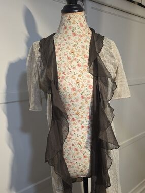 Chico's Mesh Knit Top with Subtle Sheen - Cream & Charcoal